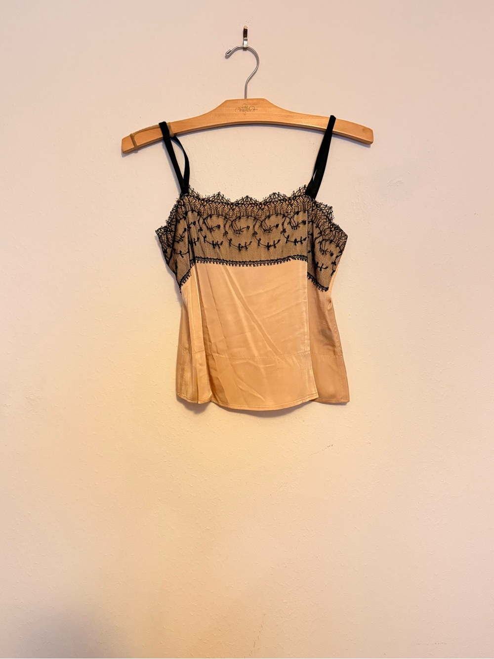 Theory Beige Satin Cami with Black Lace Trim